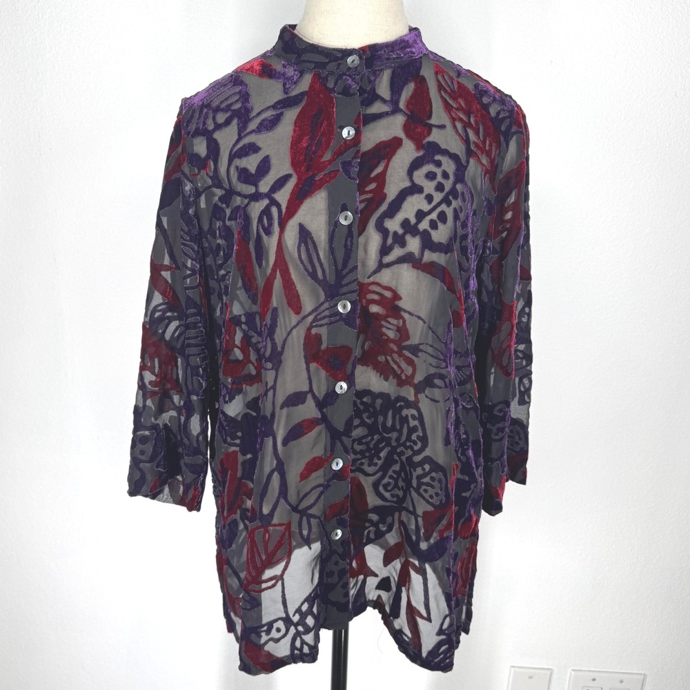 Womens Sheer Velvet Burnout Floral Button Blouse 10 Whimsigoth Oversized Vintage
